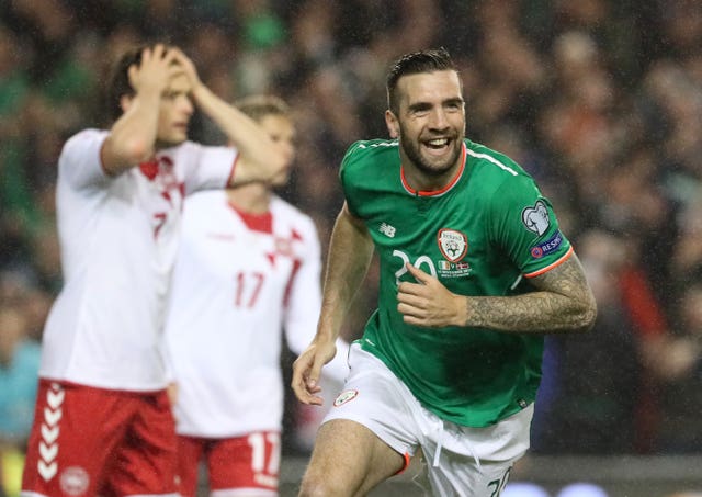 Republic of Ireland defender Shane Duffy celebrates his goal against Denmark