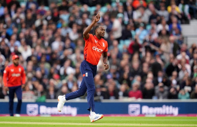 Jofra Archer celebrates taking a wicket for England