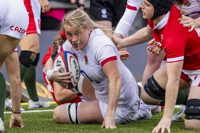 England captain Sarah Hunter scores her side's 10th and final try in their Six Nations rout of Wales 