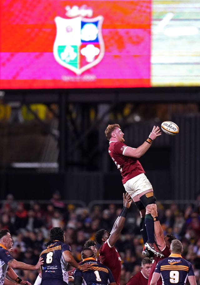 The British & Irish Lions’ Ollie Chessum claims the ball during a line-out against the Brumbies