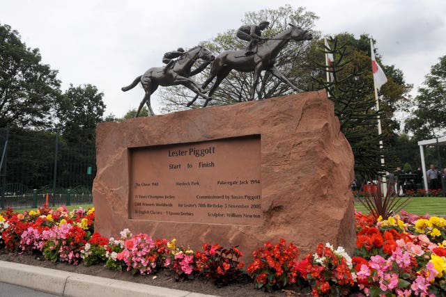 A statue stands at Haydock, where Lester Piggott rode his first winner