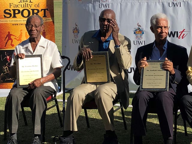 Sir Everton Weekes, Sir Wes Hall and Sir Garfield Sobers are honoured as ‘immortals’ during a presentation at the 3Ws Oval at Cave Hill, Barbados