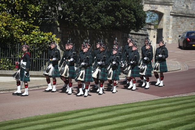 A detachment of the 4th Battalion The Royal Regiment of Scotland arrive at Windsor Castle, Berkshire, ahead of the funeral of the Duke of Edinburgh