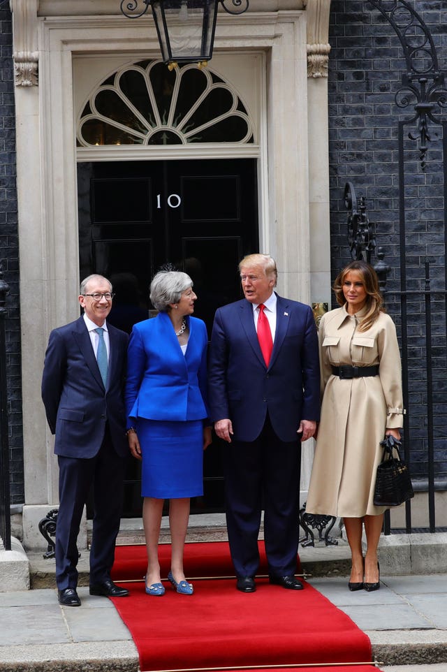 Philip May and then prime minister Theresa May welcome Donald Trump and Melania Trump to Downing Street