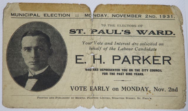 A voting card for the Labour candidate from the 1931 council election, Edwin Parker 