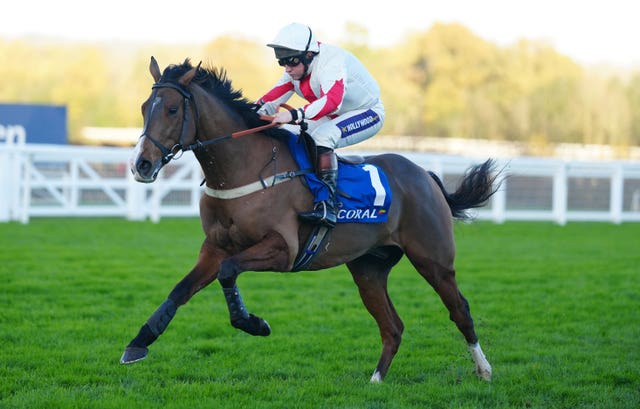 Goshen, ridden by Jamie Moore, goes on to win The Coral Hurdle at Ascot