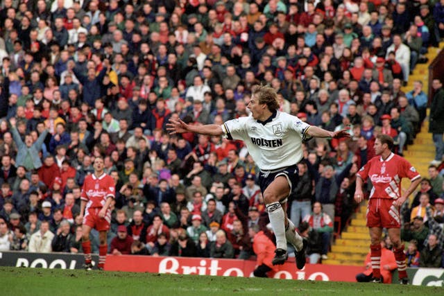 German forward Jurgen Klinsmann scores for Tottenham. (John Giles/PA Archive)