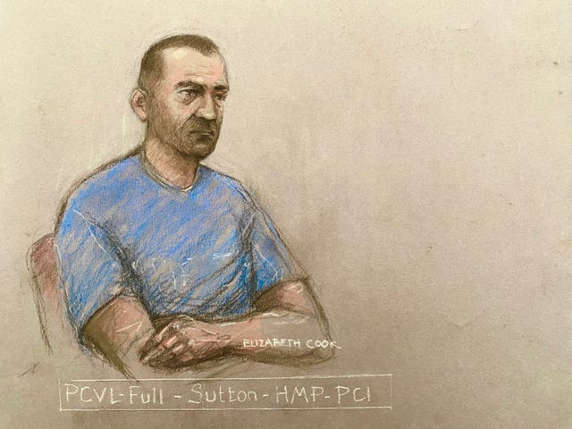 Court artist sketch of David Carrick appearing by video link at the Old Bailey from July 2025