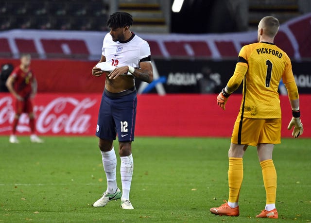 Tyrone Mings cut a frustrated figure after England's Nations League loss in Leuven