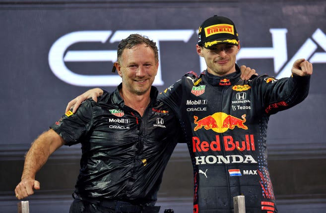 Horner (left) and Verstappen (right) are celebrating the the world title