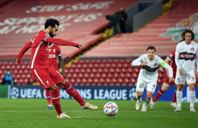 Mohamed Salah scored a stoppage-time penalty on Tuesday after coming off the bench (Michael Regan/PA).