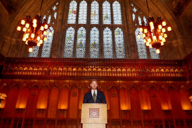 The Duke of Sussex speaks during a reception to celebrate the fifth anniversary of the Invictus Games at the Guildhall in central London