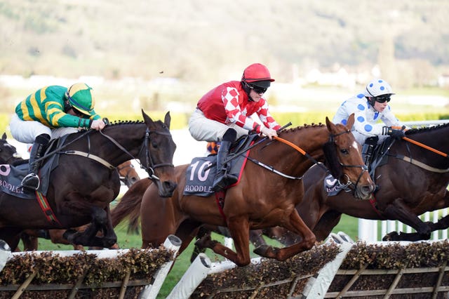 Jazzy Matty ridden by Michael O’Sullivan on their way to winning the Boodles Juvenile Handicap Hurdle on day one of the Cheltenham Festival