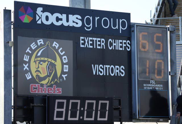 View of the scoreboard after the final whistle showing the score 65-10 after the Gallagher Premiership match at Sandy Park