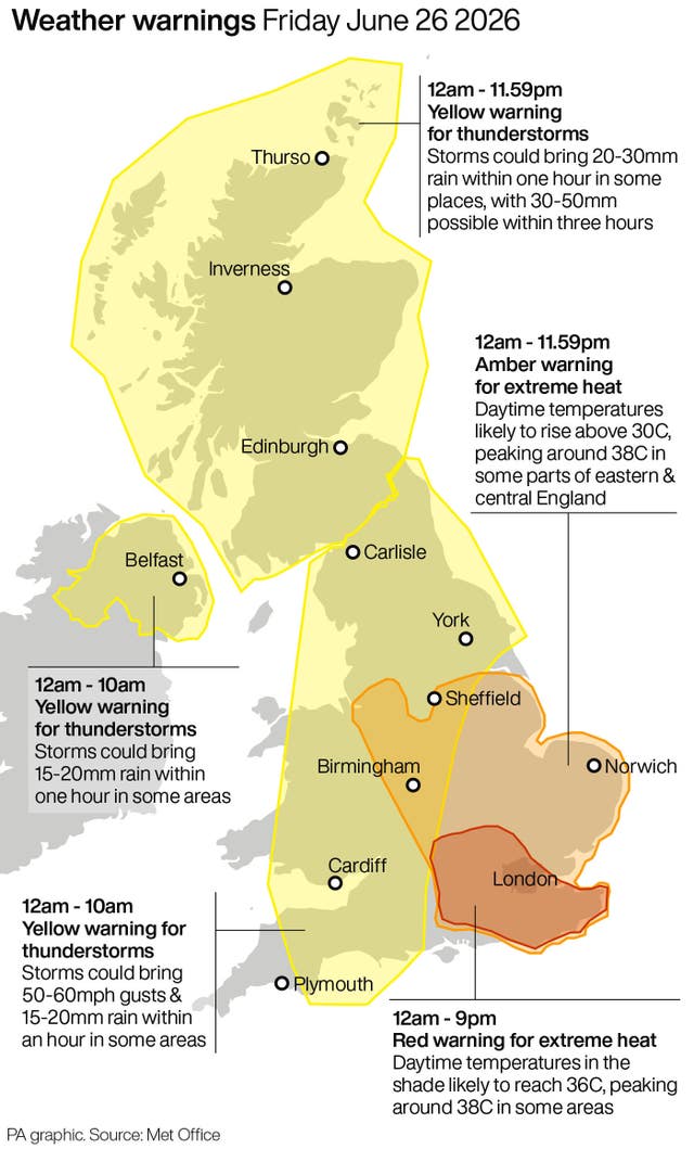 Map of UK showing weather warning areas highlighted in yellow, amber and red