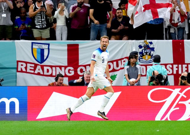 Kane celebrates scoring England’s second goal (Martin Rickett/PA).