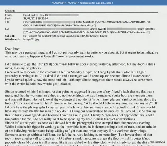 A letter sent in 2015 by Grenfell Tower resident David Collins to the Kensington and Chelsea tenant management organisation and councillors at the Royal Borough of Kensington and Chelsea