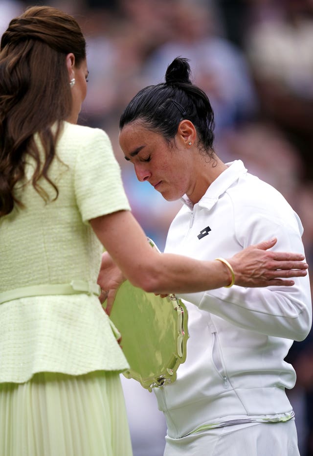 Ons Jabeur is consoled by the Princess of Wales following defeat