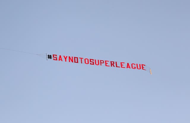 A plane with a ‘Say No To Super League’ banner flies over Elland Road
