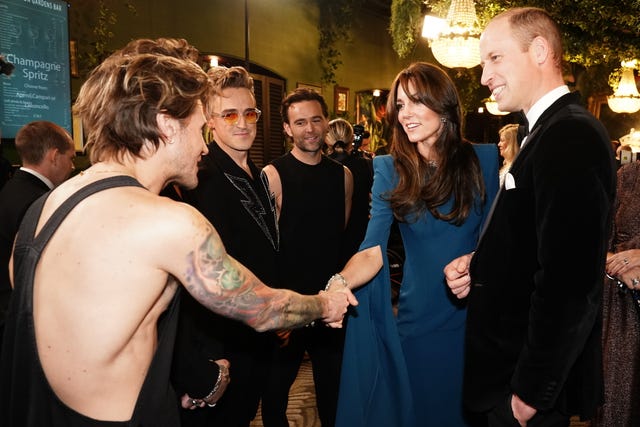 The Prince and Princess of Wales meeting members of McFly during the Royal Variety Performance in 2023 