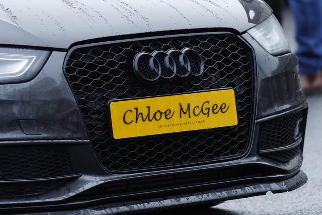 A car number plate bearing the name Chloe Magee arrives for her funeral at St Joseph’s Church in Carrickmacross