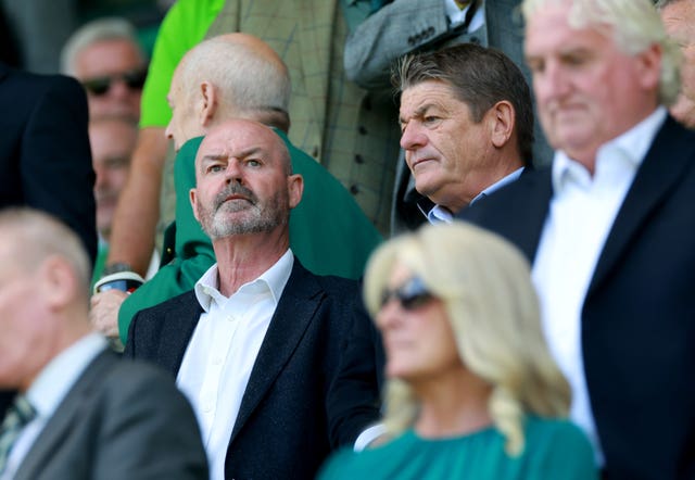 Scotland manager Steve Clarke, left, watches on 