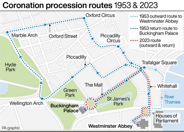Coronation procession routes 1953 & 2023