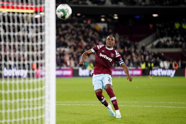 West Ham's Angelo Ogbonna sends his penalty against the bar 