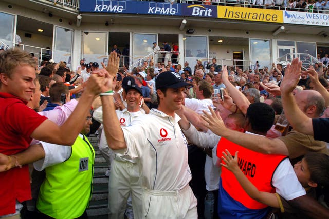 Fans celebrate with England captain Michael Vaughan in 2005.