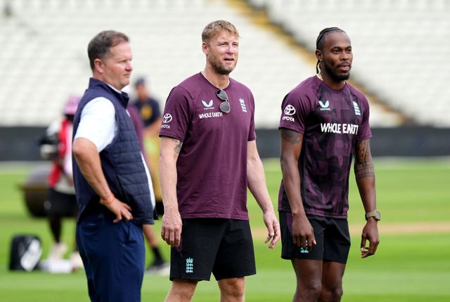 Andrew Flintoff seen with Rob Key (left) and Jofra Archer (right)
