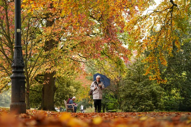 A woman holding an umbrella walking through Jephson Gardens in Leamington Spa, Warwickshire, as autumn leaves hang from trees and lie on the ground