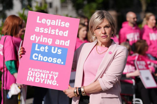 Rebecca Wilcox, daughter of Esther Rantzen, joins terminally ill people, affected families and campaigners for a change in the law on assisted dying gather outside the Palace of Westminster in London, ahead of the Terminally Ill Adults (End of Life) Bill’s report stage. 