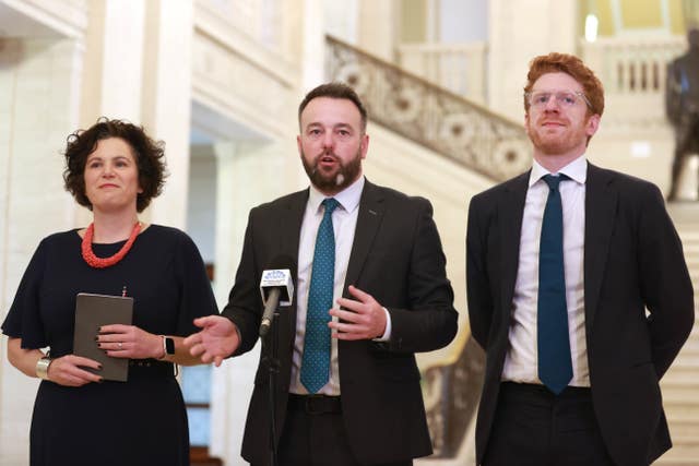 SDLP members Claire Hanna, left to right, party leader Colum Eastwood and Matthew O’Toole 