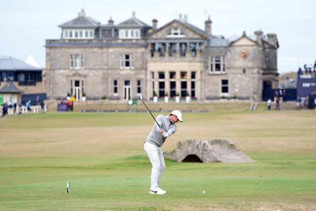 Rory McIlroy tees off on the 18th at St Andrews