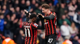 Bournemouth’s Illya Zabarnyi celebrates with Dango Ouattara during the Premier League match at the Vitality Stadium, Bournemouth. Picture date: Saturday March 9, 2024.