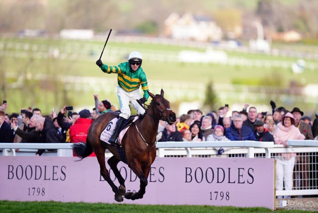 Mark Walsh aboard Inothewayurthinkin after winning the Boodles Cheltenham Gold Cup 