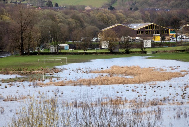 A flooded football pitch in Mytholmroyd