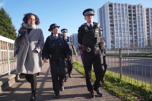 Metropolitan Police Commissioner Sir Mark Rowley with the Deputy Mayor for Policing and Crime, Kaya Comer-Schwartz, during a walkabout in Woodford, east London 