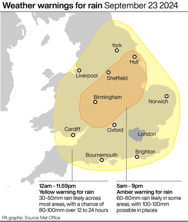 A PA graphic showing a yellow weather warning for rain on September 23 between 12am and 11.59pm in an area from beyond York in the north to Bournemouth in the south, and an amber warning for rain on September 23 between 5am and 9pm from Hull in the north to beyond Birmingham in the south