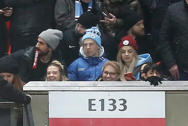 City's Oleksandr Zinchenko took his place among the away fans at Old Trafford