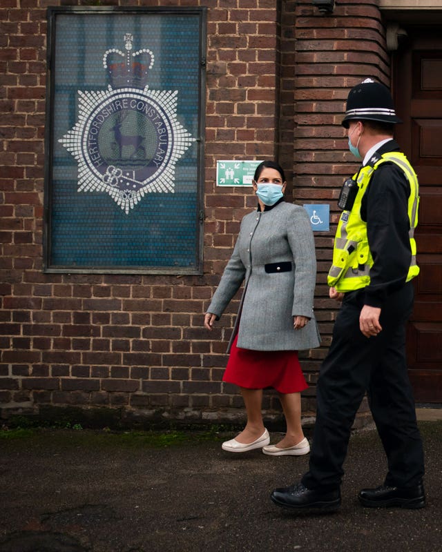 Home Secretary Priti Patel during a foot patrol with new police recruits around Bishop’s Stortford, Hertfordshire 