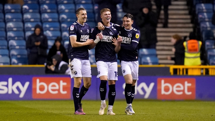 Millwall’s Charlie Cresswell (centre) celebrates with his team-mates after scoring (Adam Davy/PA)