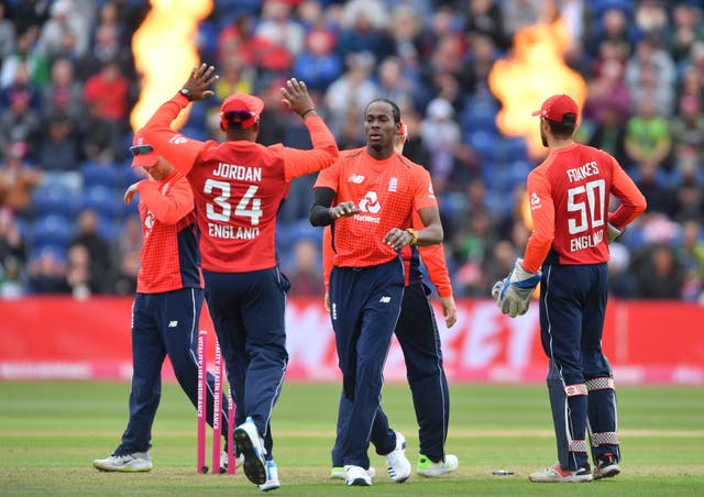 Chris Jordan (left) and Jofra Archer celebrate a wicket against Pakistan in the only international they have played together