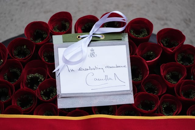 A message from Camilla on her wreath which was placed at the Cenotaph by her equerry 