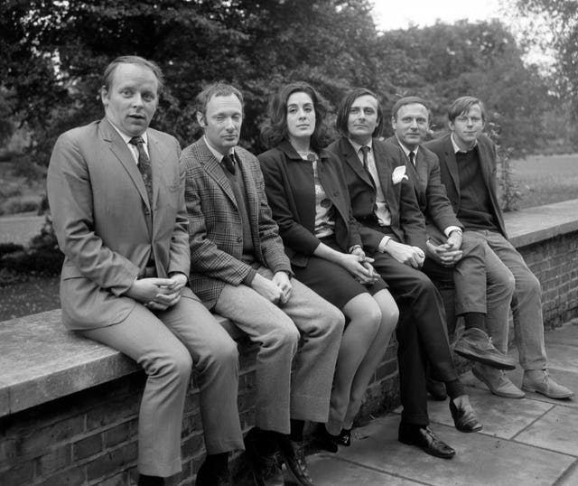 Pictured in 1966 as part of the team for BBC TV’s new late-night satire show featuring (l-r) John Bird, Anthony Holland, Eleanor Bron, Barry Humphries, Andrew Duncan and John Wells 