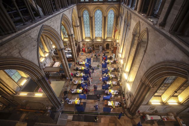 Cubicles erected inside Salisbury Cathedral, Wiltshire, for people to receive an injection of the Pfizer coronavirus vaccine