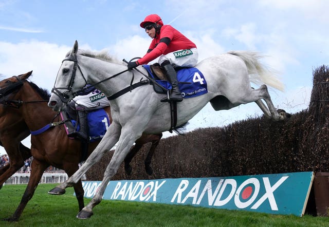 Grey Dawning and Harry Skelton in winning action at Aintree last season 