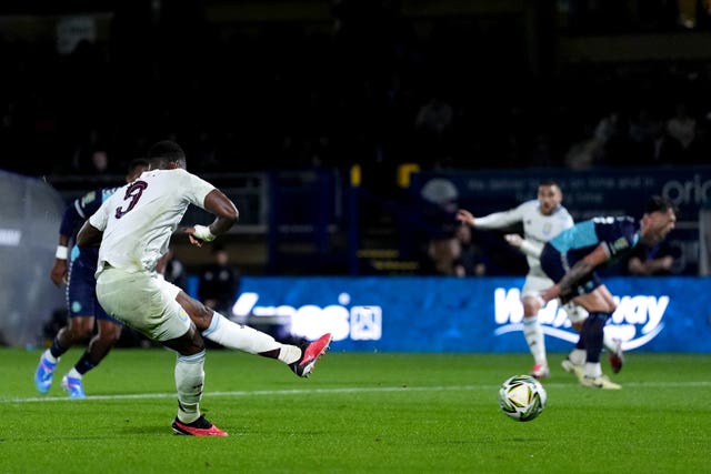 Jhon Duran scores Aston Villa’s second goal against Wycombe from the penalty spot