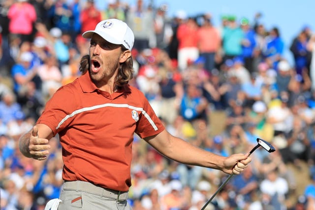 Tommy Fleetwood celebrates another hole for Europe