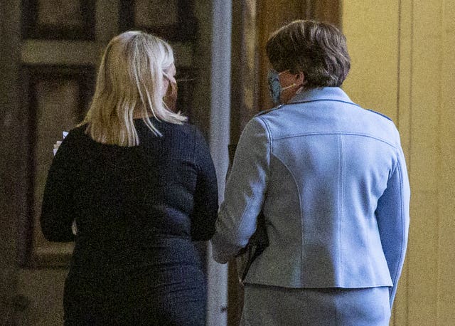 Northern Ireland First Minister Arlene Foster (right) with deputy First Minister Michelle O’Neill, arriving at the Stormont  (Liam McBurney/PA)